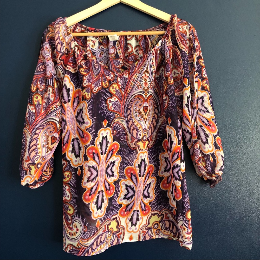 Sheer boho floral 3/4 sleeve top open arm